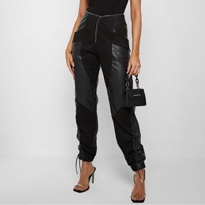 Maniere de Voir Black Zip Detail Vegan Leather and Suede Trousers